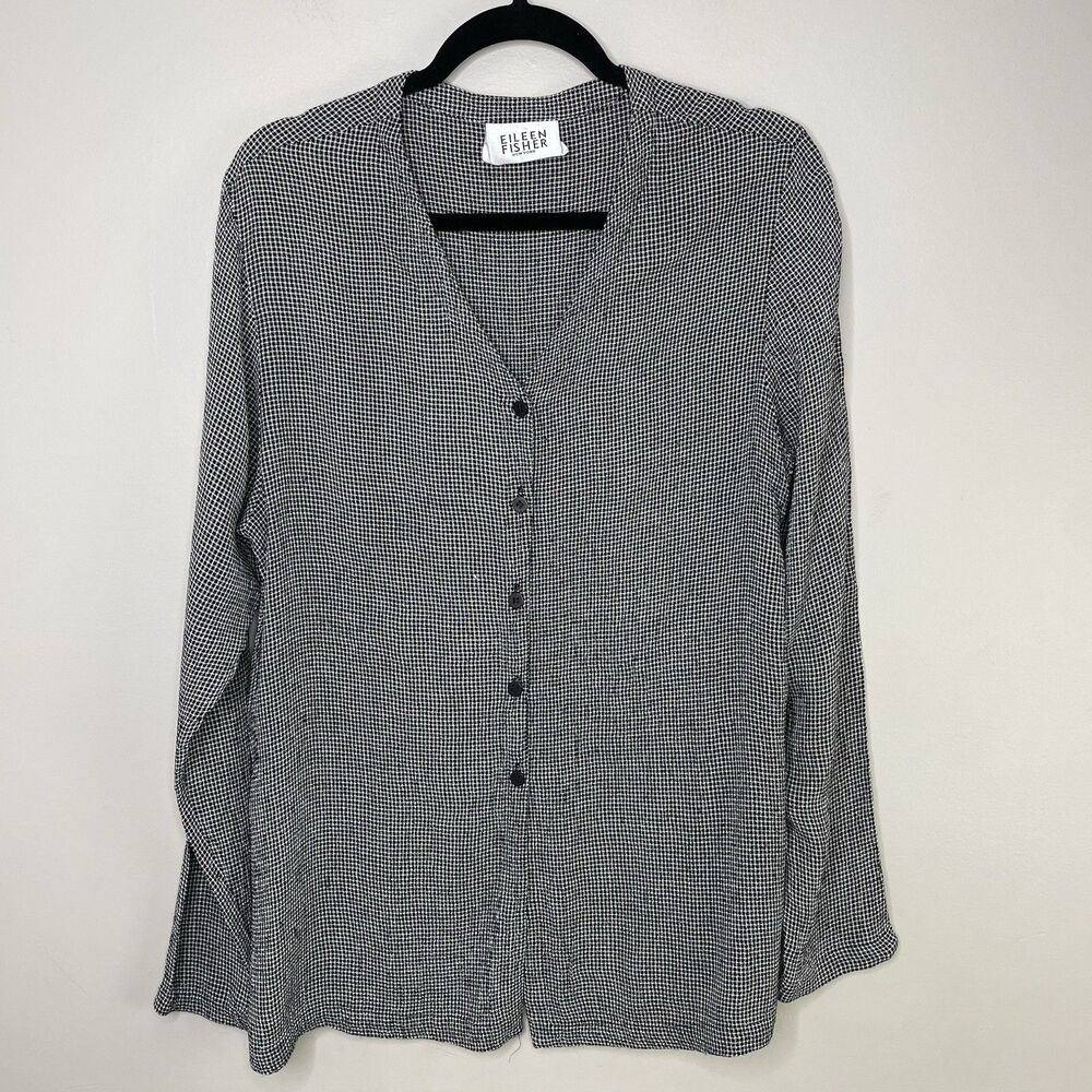 EILEEN FISHER Shirt Women's Small Black White Textured Button Up Lagenlook VTG
